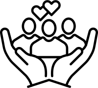 two hands holding up group of people with hearts above them icon